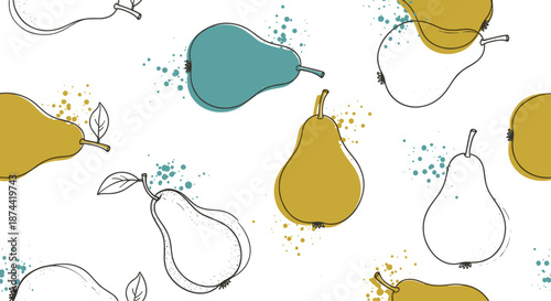 Textures and vibrant colors bring these stylized pears to life in a refreshing seamless pattern that is ideal for kitchen wallpaper designs.