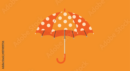 Cheerful orange umbrella with white polka dots stands out against a bright background as a symbol of protection from rain and sun.