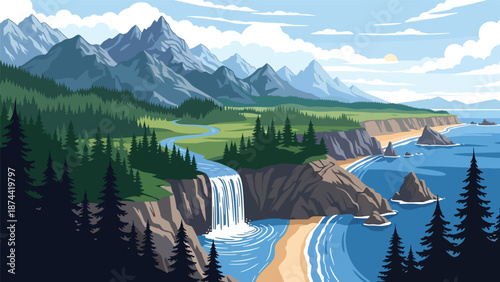 Flat vector illustration of Oregon landscape with dense forests, mountains, rivers, waterfalls, and coastline elements, diverse Pacific Northwest scenery in solid colors