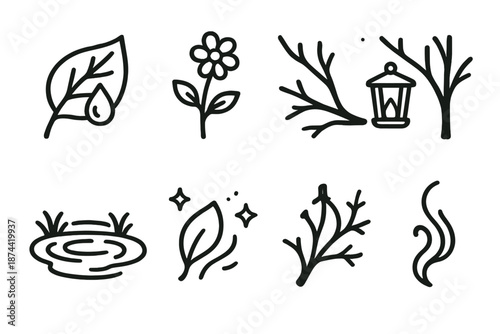 Enchanted Forest Icons. Gentle Enchanted Forest set in outline vector style: dew-lit leaf, tiny bloom, soft breeze line, quiet pond, glowing petal, calm branch, warm lantern, tender wisp