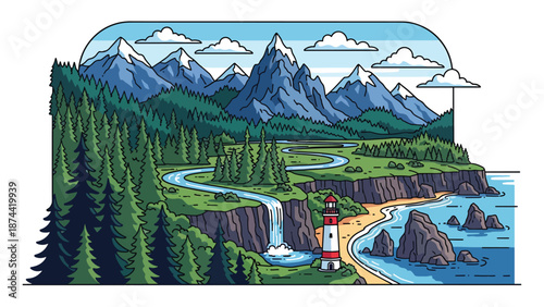 Flat vector illustration of Oregon landscape with dense forests, mountains, rivers, waterfalls, and coastline elements, diverse Pacific Northwest scenery in solid colors
