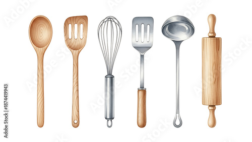 Assorted kitchen utensils including spoons, spatulas, and rolling pins arranged neatly on a clean surface from a straightforward viewpoint