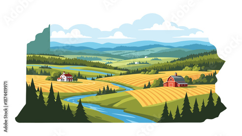 Flat vector illustration of Pennsylvania countryside with rolling hills, forests, rivers, and farmland, historic rural scenery in clean flat vector style