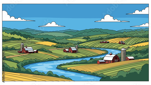 Flat vector illustration of Pennsylvania countryside with rolling hills, forests, rivers, and farmland, historic rural scenery in clean flat vector style
