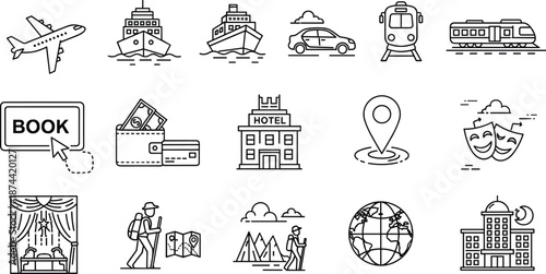 Travel and tourism icon collection featuring transportation, booking, hotel, sightseeing, hiking, and global exploration symbols for vacation, trip, and adventure design.