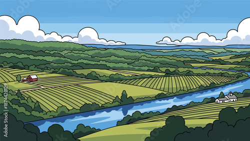 Flat vector illustration of Pennsylvania countryside with rolling hills, forests, rivers, and farmland, historic rural scenery in clean flat vector style