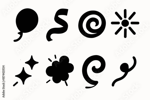 Joyful Icon Set. Joyful Movement icon set in silhouette bold style. Contain bouncing balloon dot, twirling ribbon, festive swirl ring, radiant burst bead,