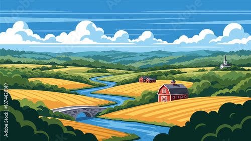 Flat vector illustration of Pennsylvania countryside with rolling hills, forests, rivers, and farmland, historic rural scenery in clean flat vector style