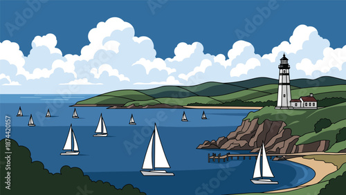 Flat vector illustration of Rhode Island coastal scenery with bays, sailboats, rocky shores, and ocean horizon, maritime landscape in solid flat colors