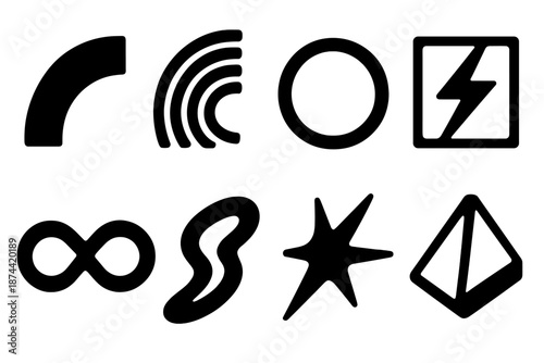 Brutalist Energy Icons. Closestep Energy Flow icon set in silhouette bold style. Contain momentum arc, drift ripple, glide bead, surge tile, motion loop, flow curve, dynamic spark, movement prism