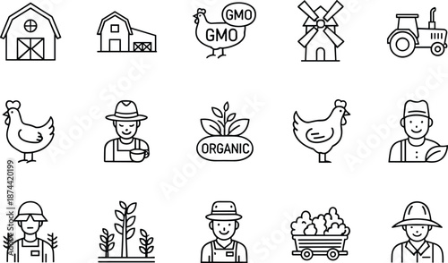Vector illustration of agriculture icon collection with barn, farmer, chicken, tractor, organic plant, produce cart, and rural lifestyle design