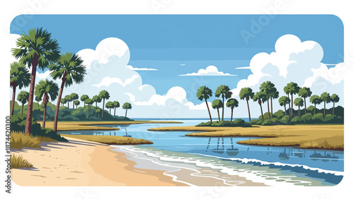 Flat vector illustration of South Carolina coastal landscape with beaches, marshlands, palm trees, and calm waters, southern seaside scenery in solid colors