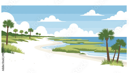 Flat vector illustration of South Carolina coastal landscape with beaches, marshlands, palm trees, and calm waters, southern seaside scenery in solid colors