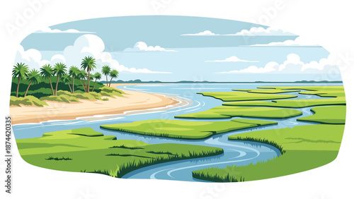 Flat vector illustration of South Carolina coastal landscape with beaches, marshlands, palm trees, and calm waters, southern seaside scenery in solid colors