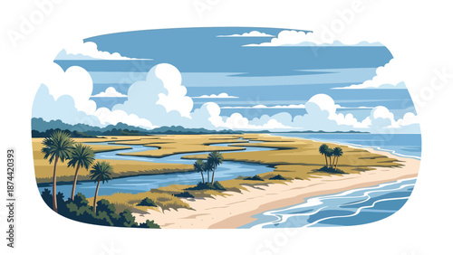 Flat vector illustration of South Carolina coastal landscape with beaches, marshlands, palm trees, and calm waters, southern seaside scenery in solid colors