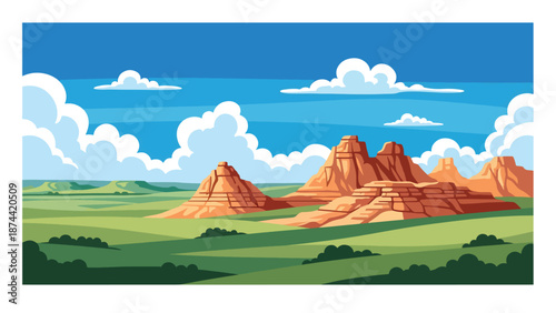 Flat vector illustration of South Dakota landscape featuring prairies, rolling hills, and dramatic rock formations, open plains scenery in solid flat vector style