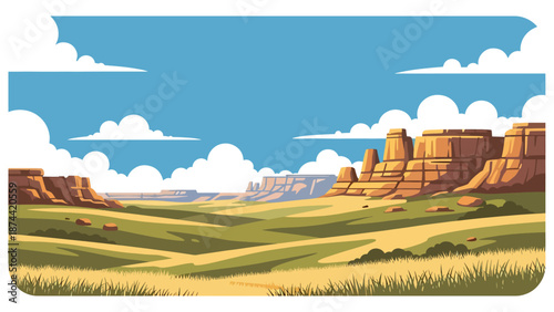 Flat vector illustration of South Dakota landscape featuring prairies, rolling hills, and dramatic rock formations, open plains scenery in solid flat vector style