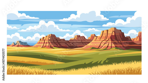 Flat vector illustration of South Dakota landscape featuring prairies, rolling hills, and dramatic rock formations, open plains scenery in solid flat vector style