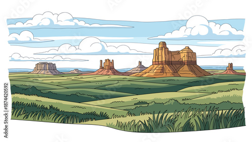 Flat vector illustration of South Dakota landscape featuring prairies, rolling hills, and dramatic rock formations, open plains scenery in solid flat vector style