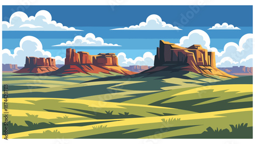 Flat vector illustration of South Dakota landscape featuring prairies, rolling hills, and dramatic rock formations, open plains scenery in solid flat vector style