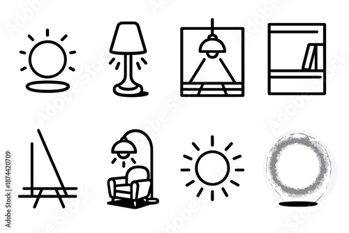 Cozy Reading Nook. Hardcover Atmosphere set in outline vector style : ambient glow orb, lamp glow, floor reflection, shadow tile, bookshelf light, highlight beam, reading nook lamp, light aura