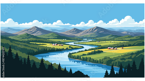 Flat vector illustration of Tennessee landscape with forested hills, winding rivers, mountain ridges, and rural valleys, scenic southern nature in solid colors