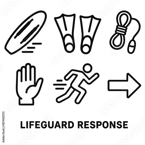 Lifeguard Equipment Icons. Lifeguard response set in outline vector style: rescue board, swim fins, throw rope, alert hand, fast motion lines, direction arrow