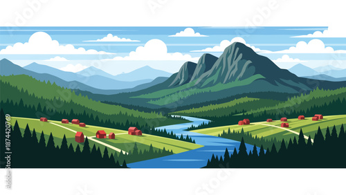 Flat vector illustration of Tennessee landscape with forested hills, winding rivers, mountain ridges, and rural valleys, scenic southern nature in solid colors