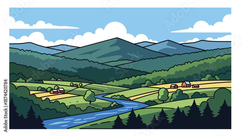 Flat vector illustration of Tennessee landscape with forested hills, winding rivers, mountain ridges, and rural valleys, scenic southern nature in solid colors