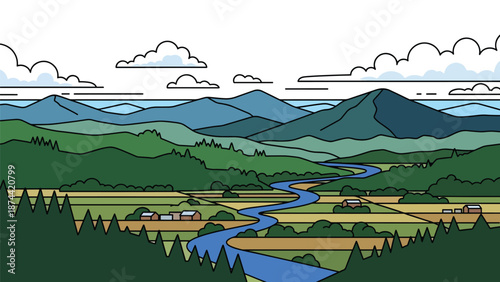 Flat vector illustration of Tennessee landscape with forested hills, winding rivers, mountain ridges, and rural valleys, scenic southern nature in solid colors