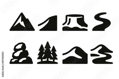 Bold Nature Icons. Natural Formations icon set in silhouette bold style. Contain peak, slope, plateau, stream, rock formation, forest patch, sand dune, river bend