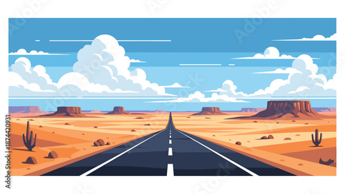 Flat vector illustration of Texas landscape combining deserts, plains, rolling hills, long highways, and wide skies, iconic vast scenery in solid flat colors