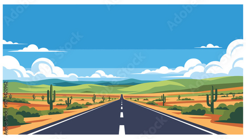Flat vector illustration of Texas landscape combining deserts, plains, rolling hills, long highways, and wide skies, iconic vast scenery in solid flat colors