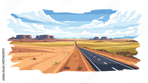Flat vector illustration of Texas landscape combining deserts, plains, rolling hills, long highways, and wide skies, iconic vast scenery in solid flat colors