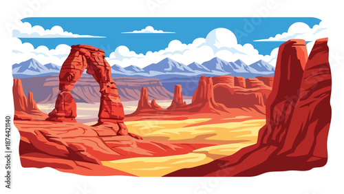 Flat vector illustration of Utah desert landscape with red rock arches, canyons, mesas, and distant mountains, dramatic natural scenery in solid colors