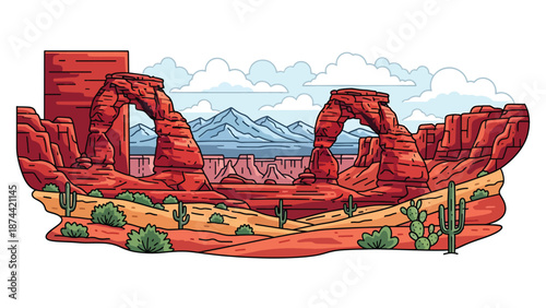 Flat vector illustration of Utah desert landscape with red rock arches, canyons, mesas, and distant mountains, dramatic natural scenery in solid colors