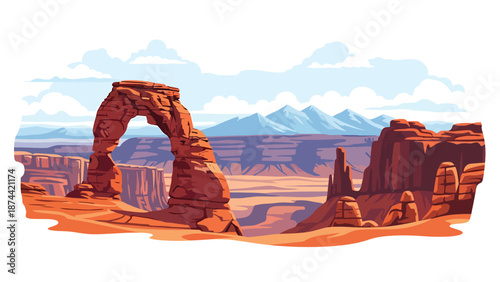 Flat vector illustration of Utah desert landscape with red rock arches, canyons, mesas, and distant mountains, dramatic natural scenery in solid colors