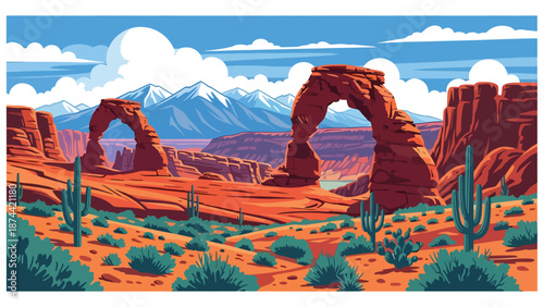Flat vector illustration of Utah desert landscape with red rock arches, canyons, mesas, and distant mountains, dramatic natural scenery in solid colors