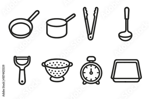 Essential Kitchen Icons. Essential Kitchen Tools set in outline vector style: skillet, saucepan, tongs, ladle, peeler, colander, timer, baking tray