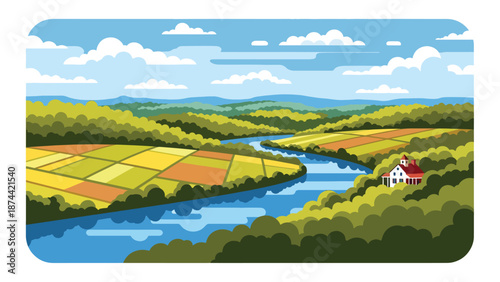 Flat vector illustration of Virginia landscape with rolling hills, forests, rivers, and farmland, historic countryside scenery rendered in solid flat vector style