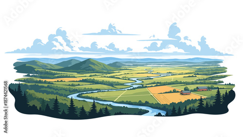 Flat vector illustration of Virginia landscape with rolling hills, forests, rivers, and farmland, historic countryside scenery rendered in solid flat vector style