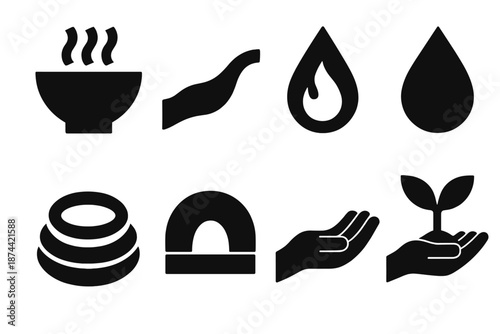 Sustaining Care Icons. Sustaining Care icon set in silhouette bold style. Contain nourishing bowl shape, flowing support line, steady flame, enriching droplet,