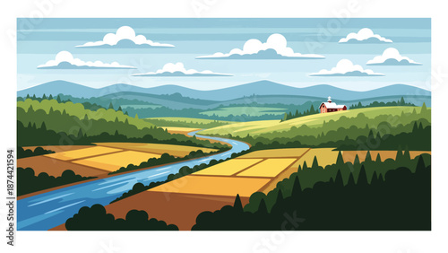 Flat vector illustration of Virginia landscape with rolling hills, forests, rivers, and farmland, historic countryside scenery rendered in solid flat vector style
