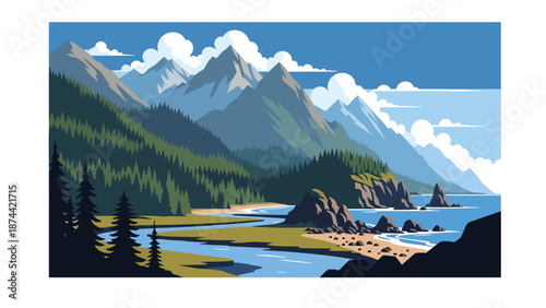 Flat vector illustration of Washington landscape with evergreen forests, mountains, rivers, and coastline elements, Pacific Northwest scenery in solid colors