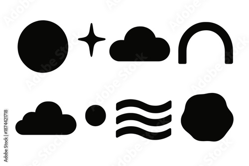 Brutalist Night Icons. Restful Nightscape icon set in silhouette bold style. Contain glowing moon bead, subtle starlight speck, soft night haze, calm contour
