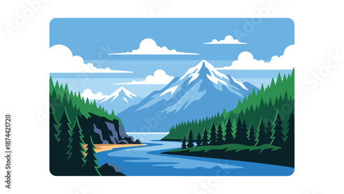 Flat vector illustration of Washington landscape with evergreen forests, mountains, rivers, and coastline elements, Pacific Northwest scenery in solid colors