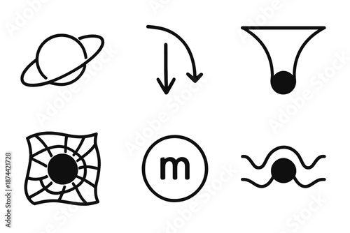 Gravitational Forces Icons. Universal Forces gravity set in outline vector style: orbit ring, falling arc, gravitational well, warped path, mass symbol, tidal curve