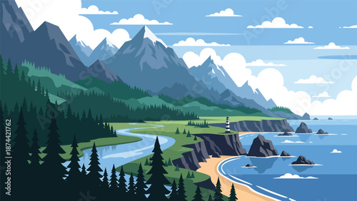 Flat vector illustration of Washington landscape with evergreen forests, mountains, rivers, and coastline elements, Pacific Northwest scenery in solid colors