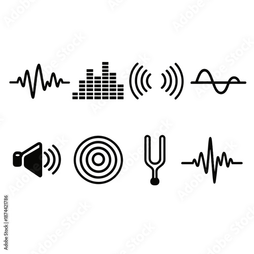 Audio Icon Set. Sound wavesset in outline vector style waveform line, frequency bars, echo ripple, amplitude curve, speaker icon, resonance circle, tuning fork, audio pulse