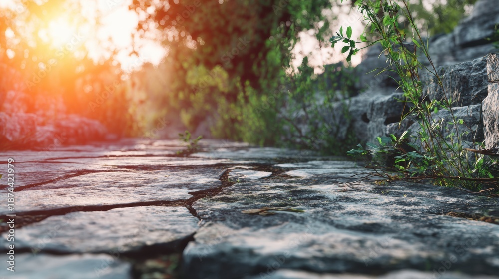 Fototapeta premium A pathway made of ancient stones runs under soft sunlight. Green plants grow along the sides, showing signs of life in the area.